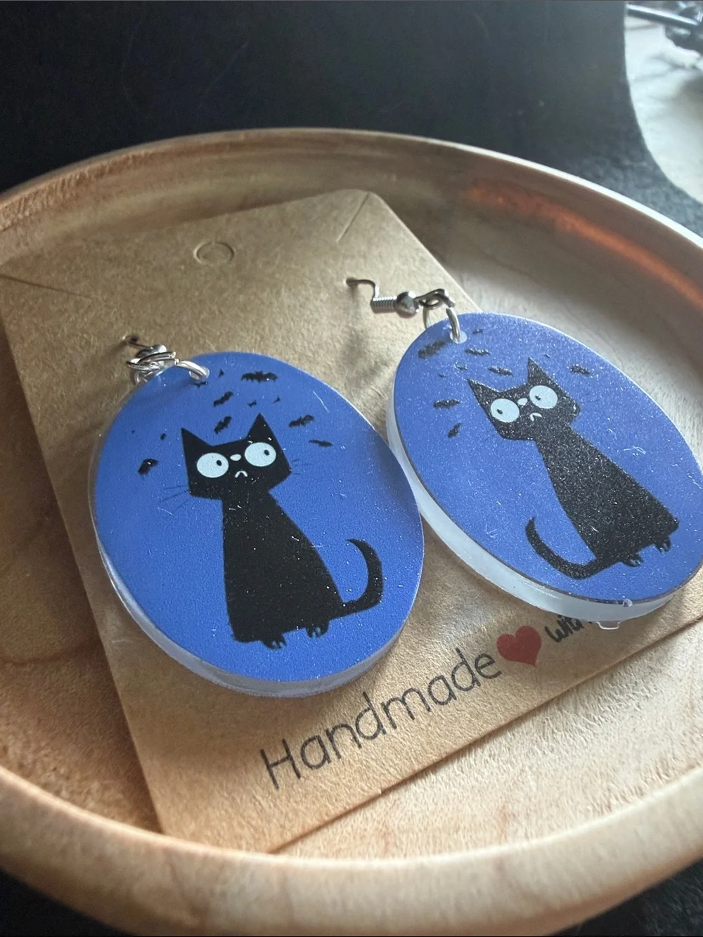 Handmade Blue Cat Earrings with Black Cat Design
